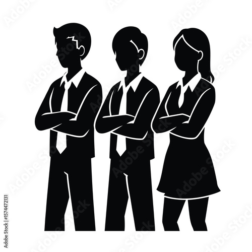 Black silhouette of three students in suits with arms crossed on white background standing