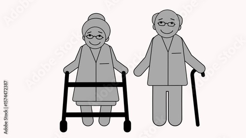 Minimal loop animation of a smiling elderly couple holding hands – cartoon-style grandma with walker and grandpa with cane. Rendered in grey tones on alpha background.