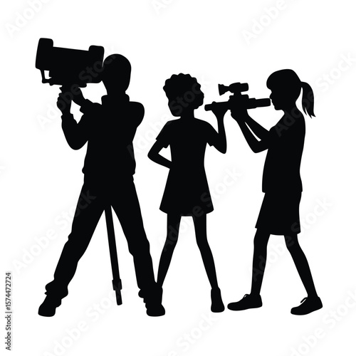Three teens filming with video cameras and tripod silhouette vector