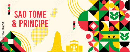 Colorful Geometric Sao Tome & Principe Banner with Cultural Symbols and Flag Elements