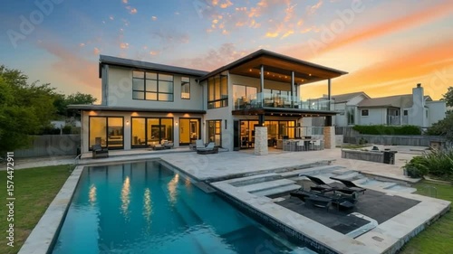 Wallpaper Mural Luxury Home with Pool at Sunset: A Showcase of Modern Architecture and Outdoor Living, Ideal for Torontodigital.ca