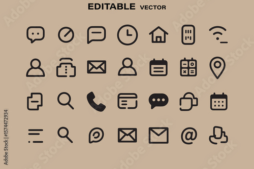 Collection of editable vector icons representing communication navigation and user interface elements
