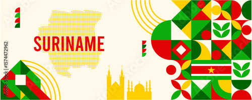Colorful Geometric Suriname Banner with Cultural Symbols and Flag Elements