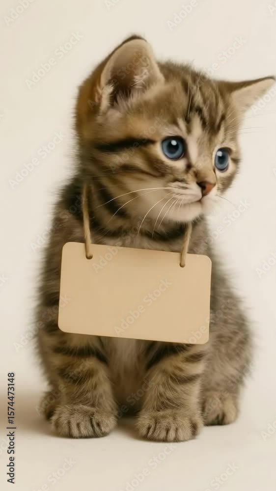 Adorable kitten with a blank sign around its neck, shot from a front angle. Perfect for a cute video thumbnail or pet-related content. Live mobile wallpaper. Adorable kitten with a blank sign around its neck, shot from a front angle. Perfect for a cute video thumbnail or pet-related content. Live mobile wallpaper.