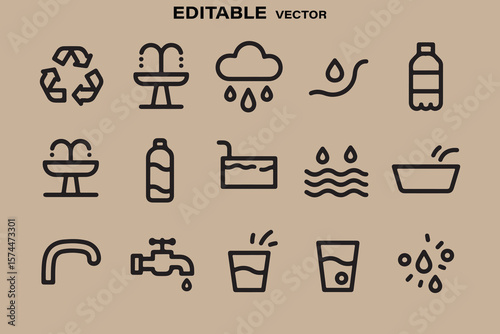 Collection of simple black line art icons representing water conservation and usage on a neutral background