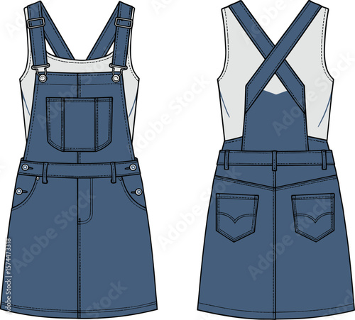 Girls denim pinafore dress with front pocket, cross back straps, belt loops cad drawing flat vector illustration