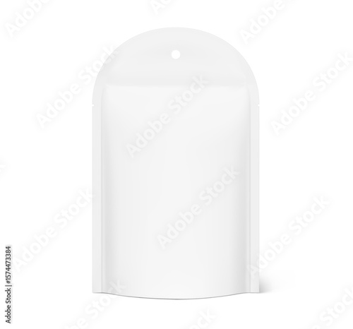 Realistic stand up pouch bag with hole slot and round top mockup. Front view. Vector illustration isolated on white background. Ready for your design. EPS10.