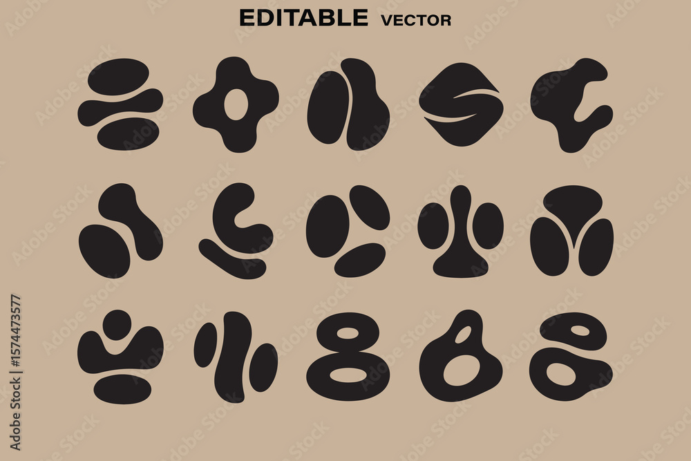 Obraz premium Collection of abstract organic blob shapes and elements in black on a neutral background editable vector