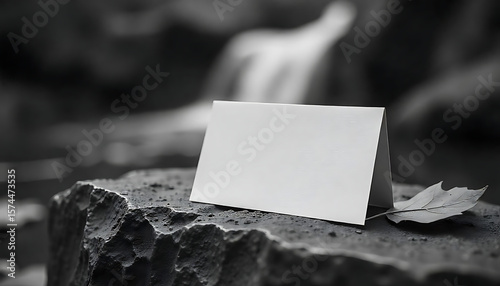A monochrome, blurred background with a blank, standing paper card in focus, placed on a textured surface, suggesting an invitation or signage, 4K and HD image.