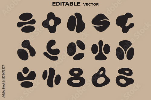 Collection of abstract organic blob shapes and elements in black on a neutral background editable vector