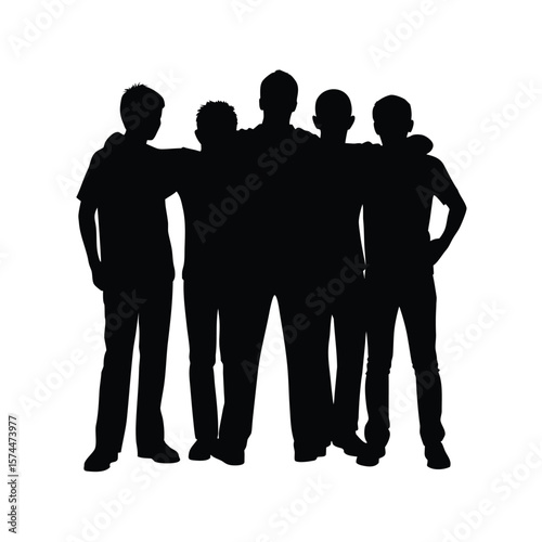Five young men in silhouette standing together with arms around each other group people