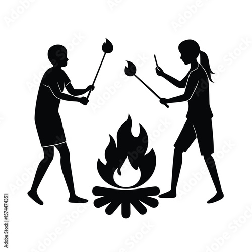 Black silhouette of two children roasting marshmallows over a campfire vector