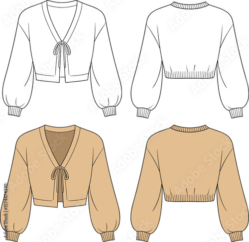 Women’s cropped cardigan flat sketch, bow tie front, ribbed cuffs, long sleeves, fashion technical drawing, front and back view.