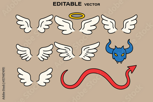 Collection of stylized cartoon angel wings halo and devil horns tail for design elements