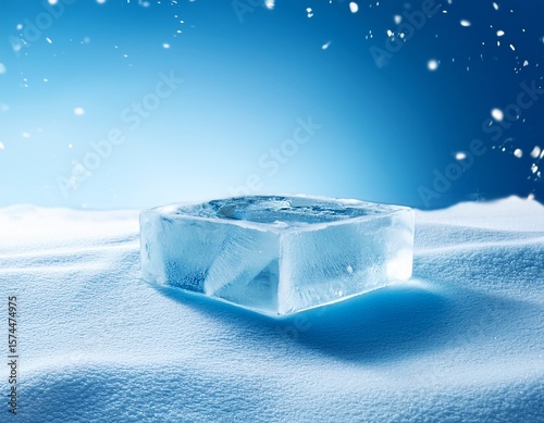ice cube podium icy block stand of frozen water and broken crystal ice pieces on snow background