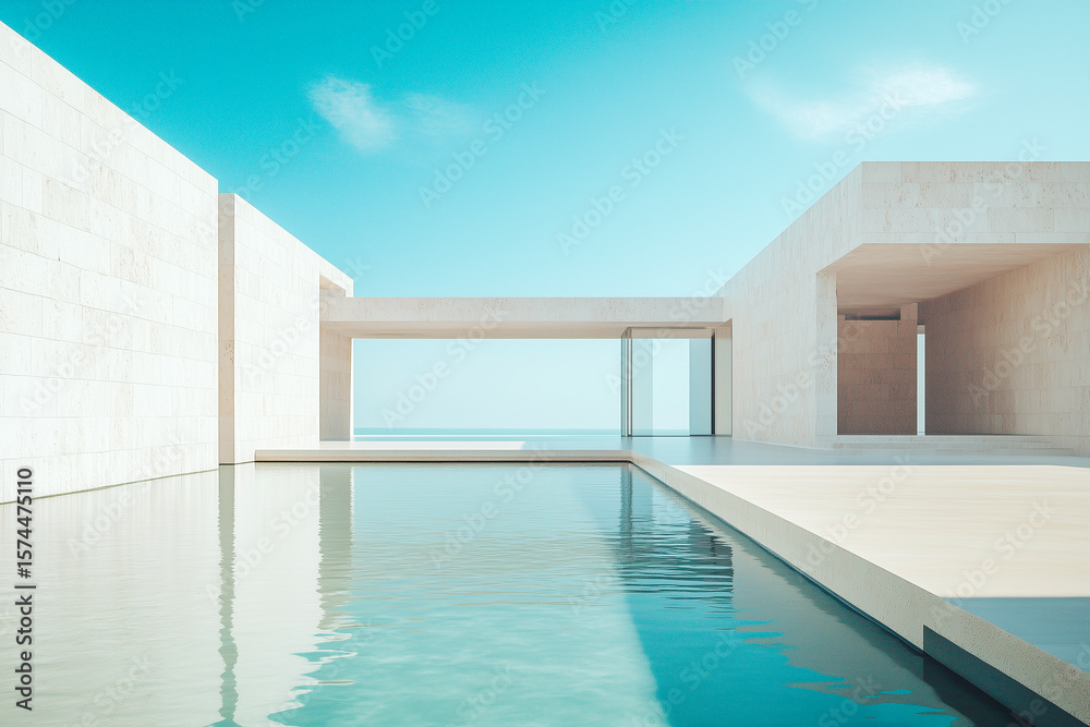 Fototapeta premium Minimalist White Concrete Courtyard With Reflective Pool Under Bright Blue Sky