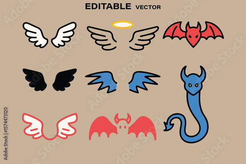 Collection of stylized vector icons featuring various wings a devil and a blue horned creature with a tail