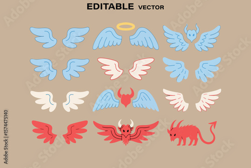 Collection of stylized angel and devil wings in various colors and designs with a halo element