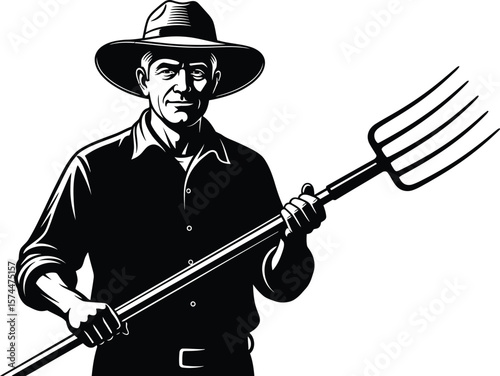 A silhouette of a farmer holding a pitchfork, representing the hard work of agriculture