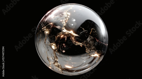 The image presents a striking glass sphere, adorned with golden fractures, set against a deep black backdrop.