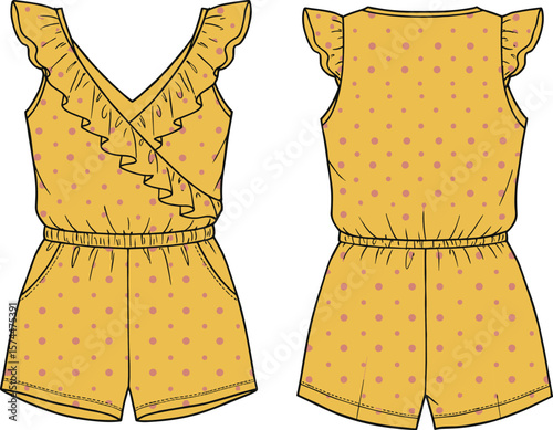Polka dot ruffle girls romper with V-neck, elastic waistband, flutter sleeves cad drawing flat vector illustration