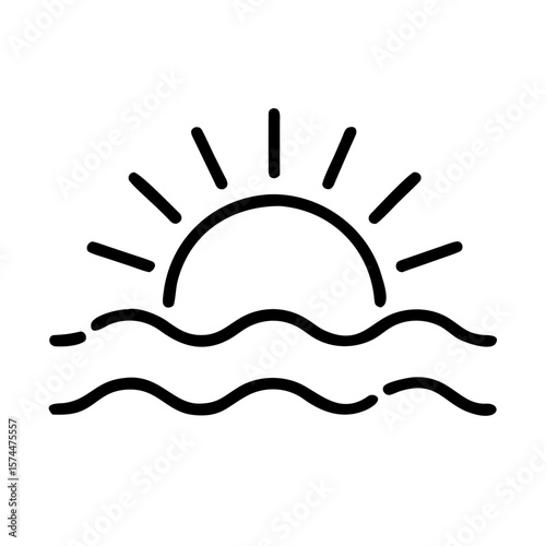 Sunrise over water ocean waves vector illustration summer sunshine horizon line art graphic design element 100