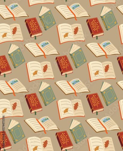 Seamless cozy pattern with colorful books. Hand drawn background of closed and open textbooks