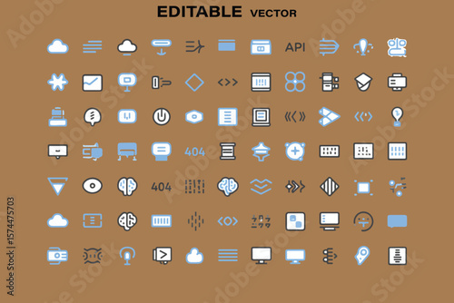 Collection of modern flat design icons for technology and business with blue and white accents on a brown background