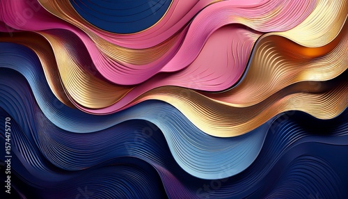 this vibrant abstract layered wavy patterns with dynamic color contrasts pink gold and blue tones a dark background