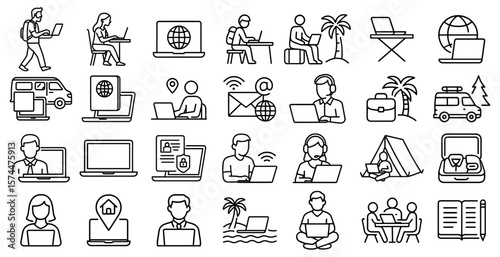 Diverse work from anywhere icons set representing remote jobs and digital nomad lifestyle