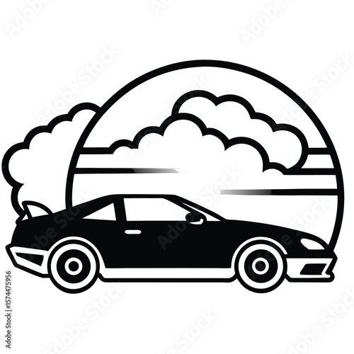Sporty car driving through clouds against a circular frame silhouette