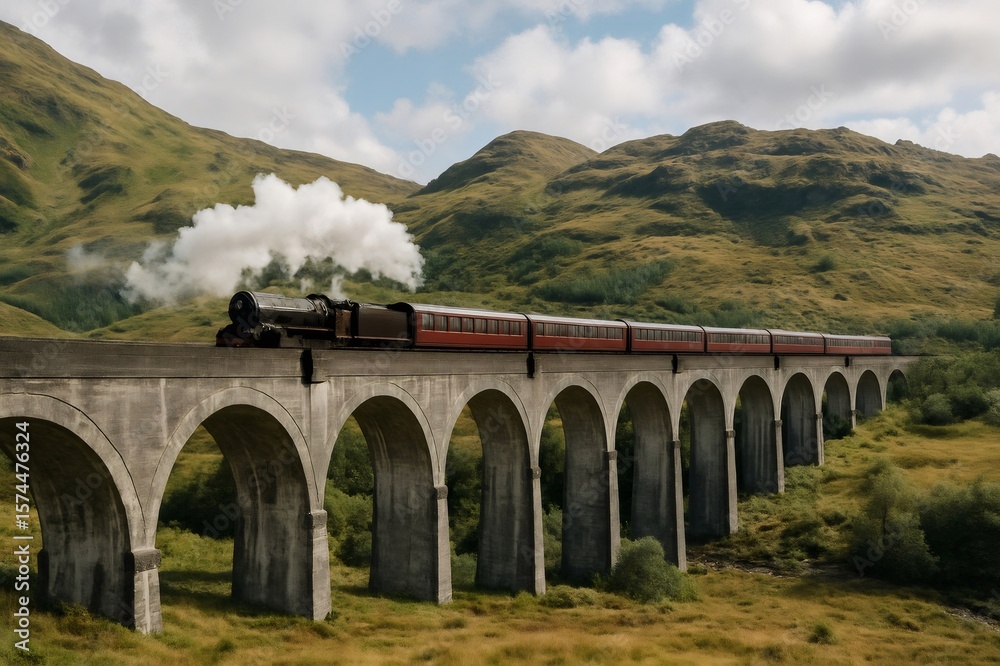 Fototapeta premium Red steam train crossing the Glenfinnan Viaduct in the Scottish Highlands, surrounded by clouds and stunning natural scenery
