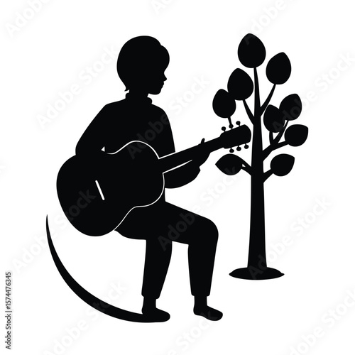 Silhouette of person playing acoustic guitar next to stylized tree vector
