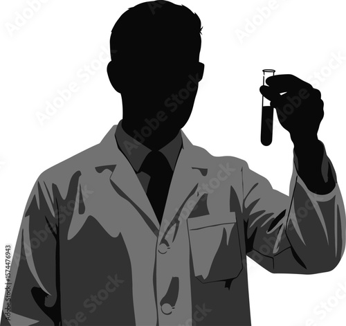A silhouette of a male scientist holding a test tube, representing scientific research and experimentation