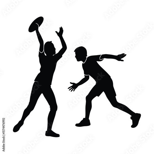 Two youths playing frisbee in silhouette on a white background disc