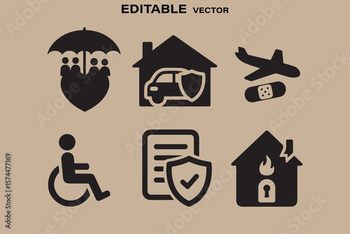 Collection of diverse insurance and protection icons representing family home travel health and property