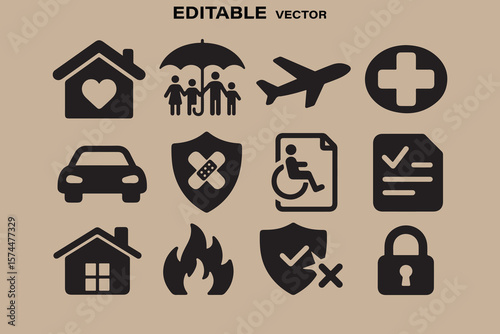 Collection of diverse insurance and security icons representing home family travel health car accident and protection concepts
