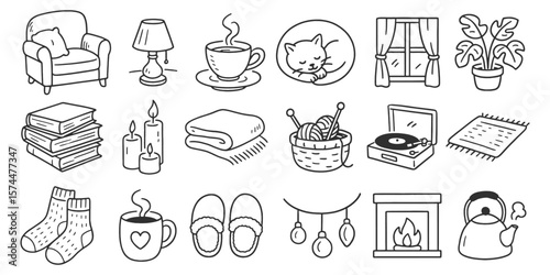 Cozy home doodle icon set. Cute hand drawn sketch illustrations of armchair, teacup, blanket, cat, slippers, candles. Black and white cartoon art for interior. Vintage marker drawing collection.