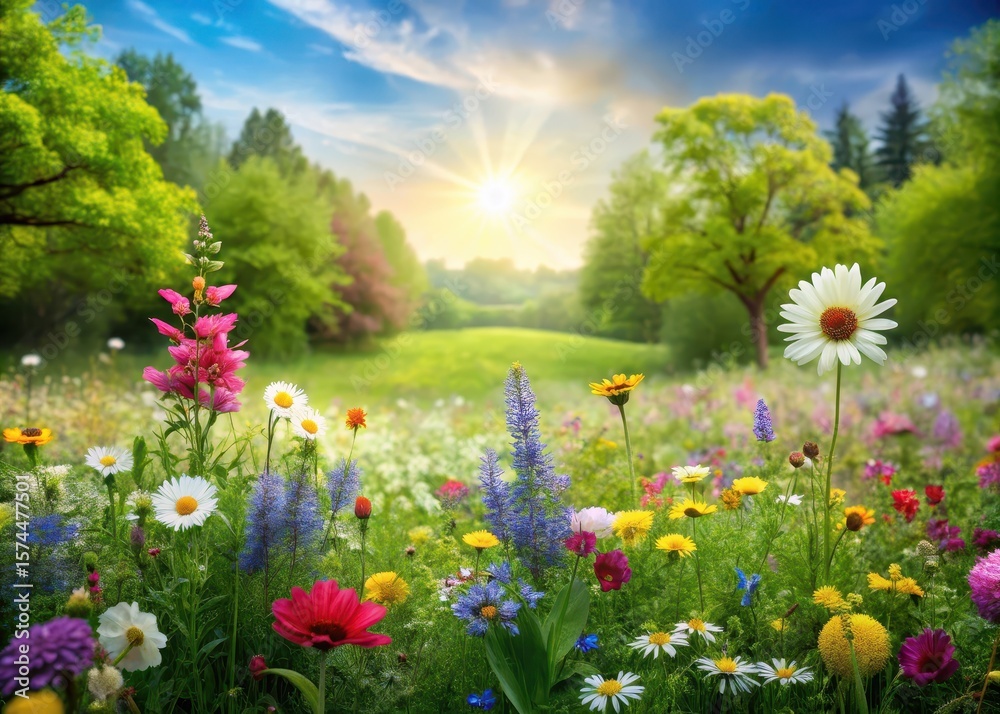 Fototapeta premium Meadow scene with vibrant wildflowers