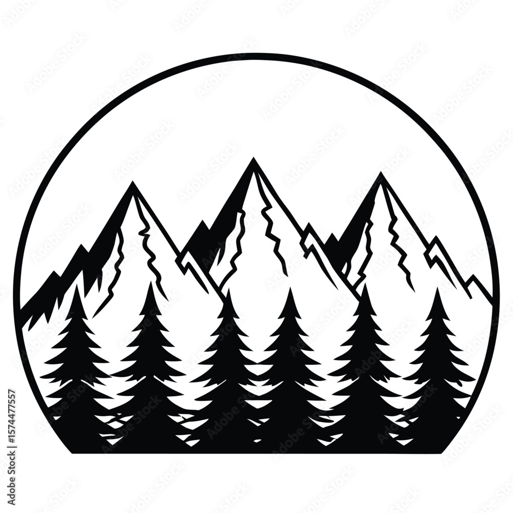 Obraz premium Black and white mountain range with pine trees inside a circle silhouette