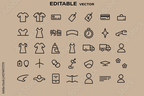 Collection of editable vector line icons representing shopping clothing delivery and customer service on a neutral background