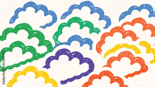 Colorful clouds in various shades arranged in a playful pattern against a light background image here