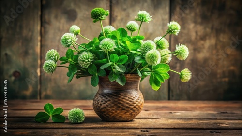 Luxurious green clover flower arrangement on a decorative wooden table