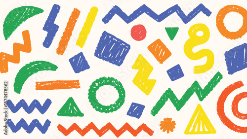 Assorted crayon style shapes in a vibrant mix of colors scattered across a light background design