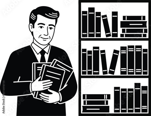 Illustration of a man holding books next to a bookshelf, isolated on white background