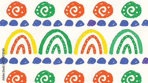 Colorful pattern with rainbows, spirals, and droplet shapes in a repeating design style artful design
