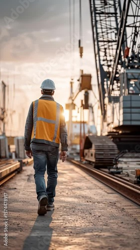 A construction worker walks along a railway track at sunset, wearing a safety helmet and vest
