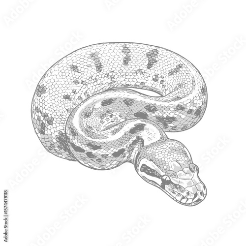  Burmese Python – Python bivittatus. Graceful coiled snake sketch displays patterned scales on white background. Wildlife illustration concept