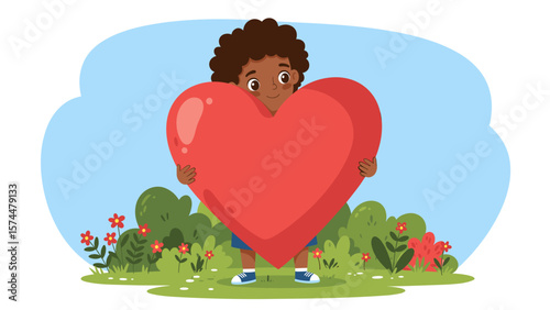 Young child holding a large red heart, symbolizing love, care, and kindness. Flat illustration for compassion and empathy.