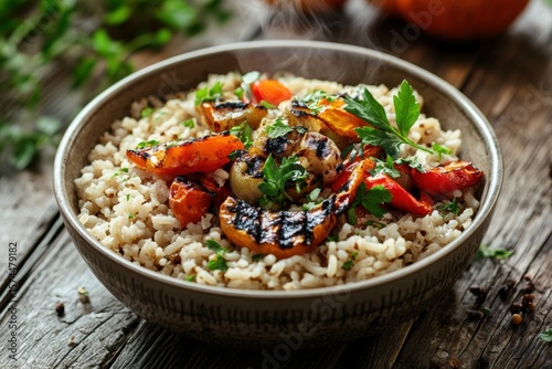 Delicious grilled vegetables over steaming brown rice rustic kitchen food photography warm atmosphere close-up culinary delight